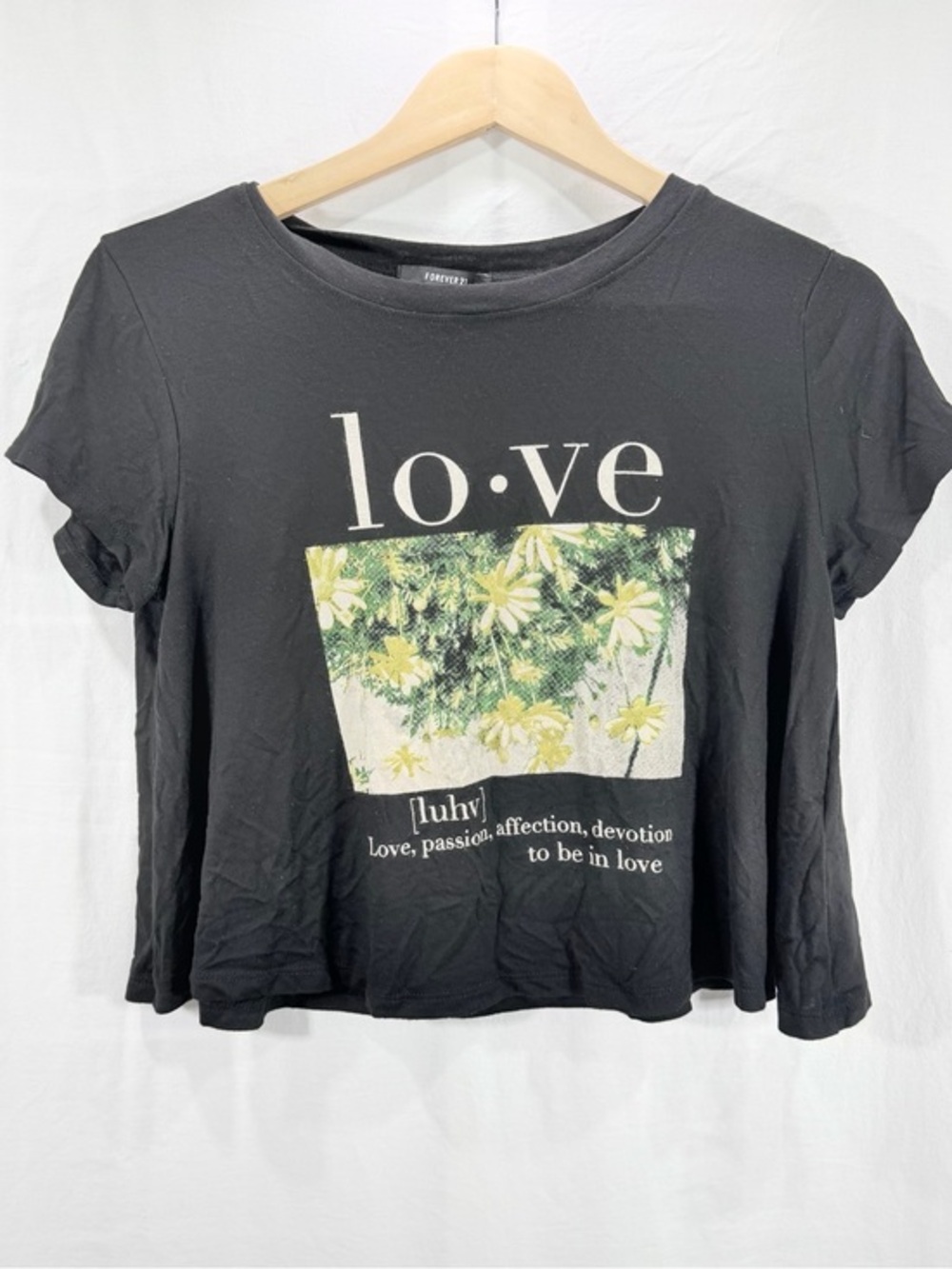 Forever 21 Black Crop Tee with Yellow & Green Floral Graphic